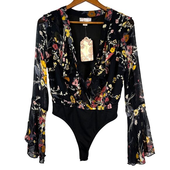 New‎ Band Of Gypsies Black Floral Sheer Long Sleeve Bodysuit Size S Whimsygoth - Picture 2 of 12